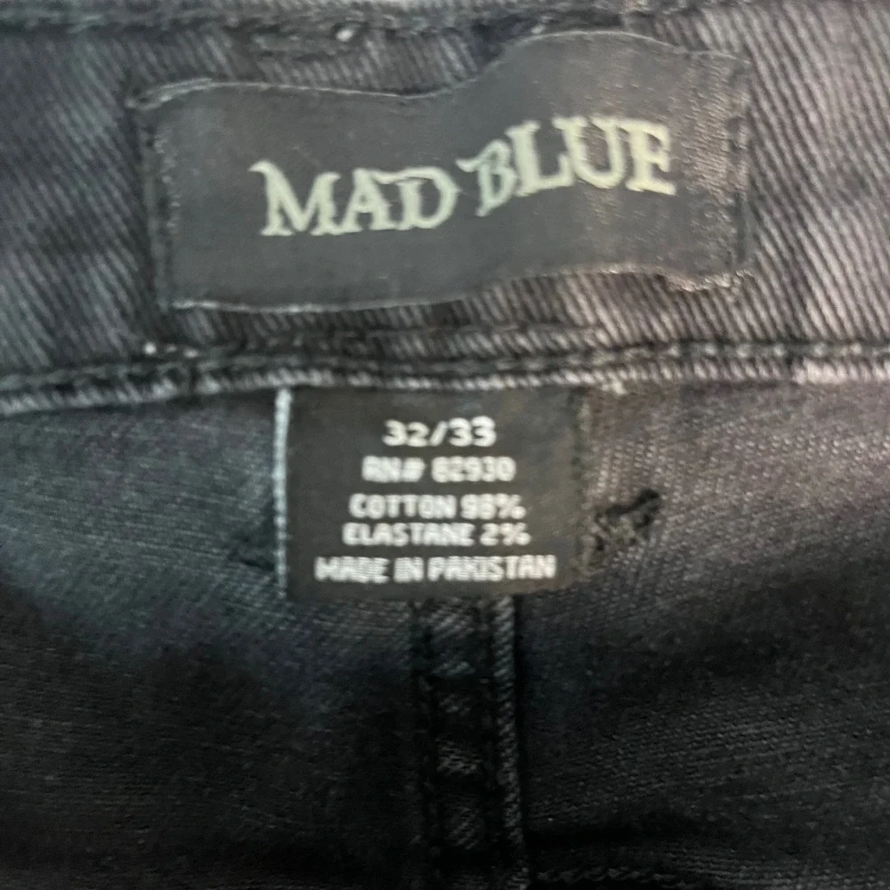 Mad Blue Mens Moto Biker Skinny Jeans Black Faded Ribbed Knee 32x33